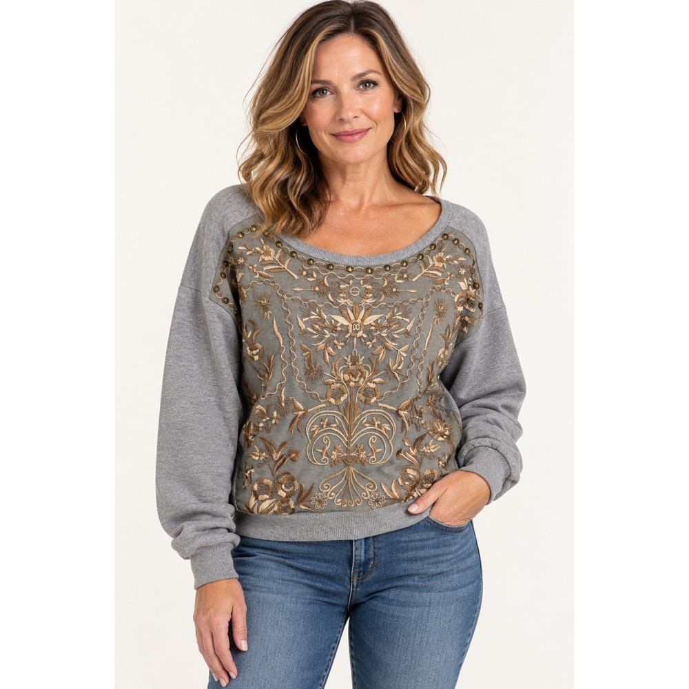Sundance Gray Embroidered Floral Mesh Sweatshirt Size L Boho Studded Pullover